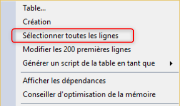 copie d'écran du menu de SSMS